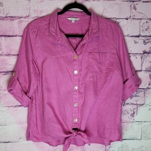 JOHN MARK MAGENTA 100% LINEN TIE FRONT WAIST BLOUSE MEDIUM PETITE